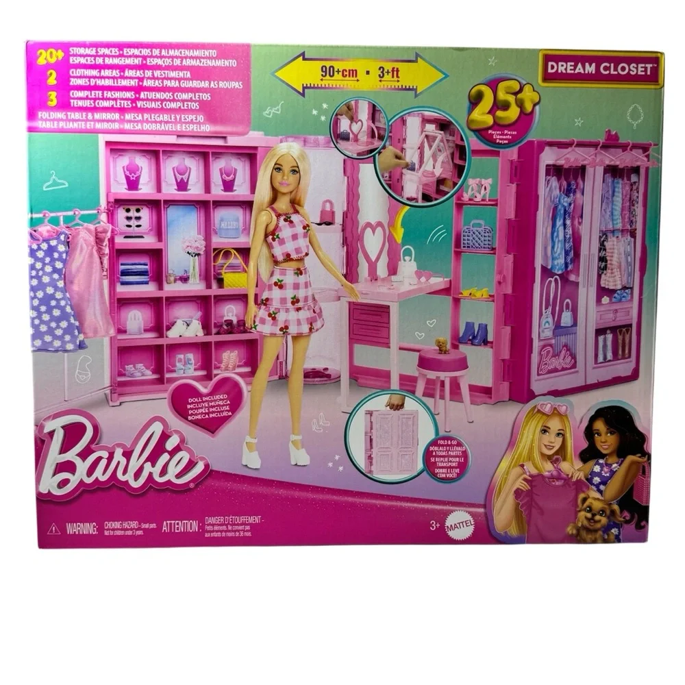 Barbie Dream Closet Toy Playset-Gift Pink Wardrobe 25+ Pieces Vanity Puppy